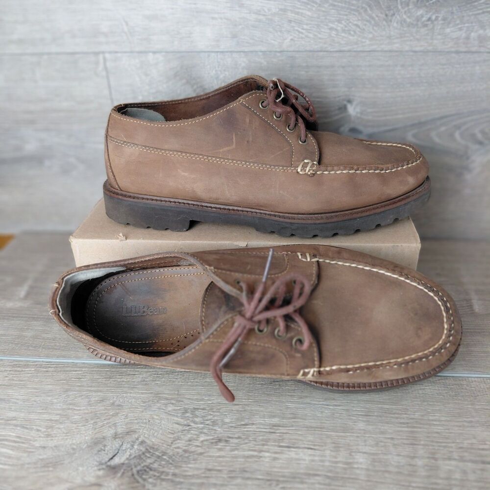 LL Bean Handsewen Blucher Moc Derby Shoes Mens 10.5EE Brown Leather Lug Sole VTG